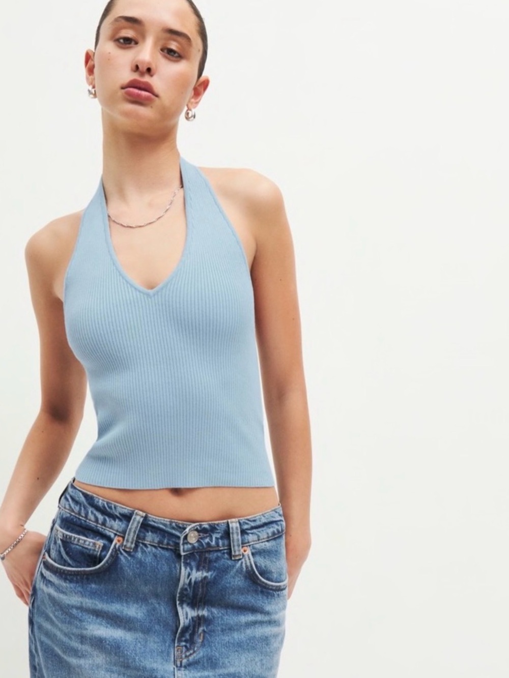 Reformation Carol Cotton Sweater Halter Tank Light Blue Size XL NWT